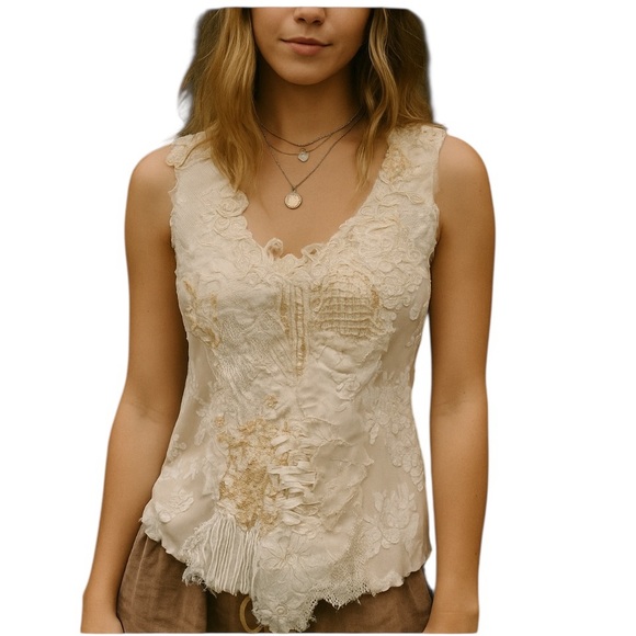 Vintage Lee Andersen Ivory Embroidered Top Women’s Medium Coquette‎ Lace Velvet - Picture 1 of 14